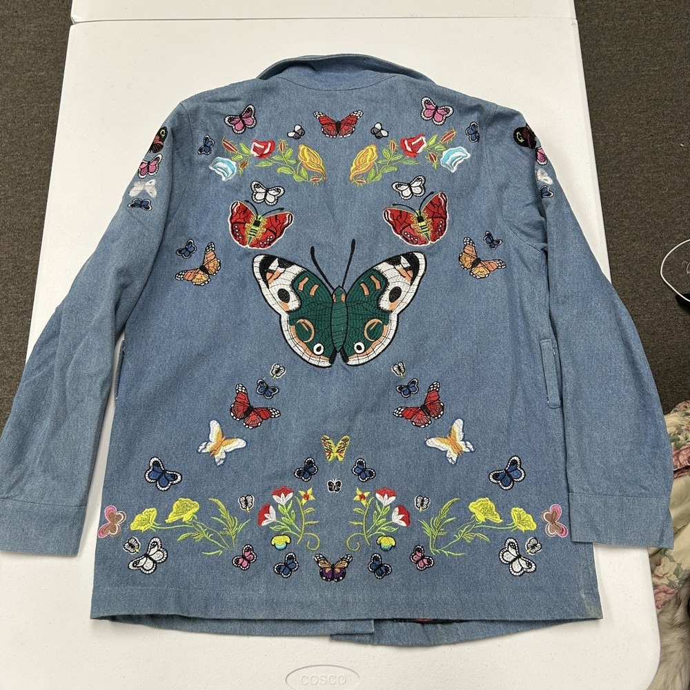 Boheme Butterfly Embroidered Denim Jacket Womens Large Blue‎ Tropical Lining B3
